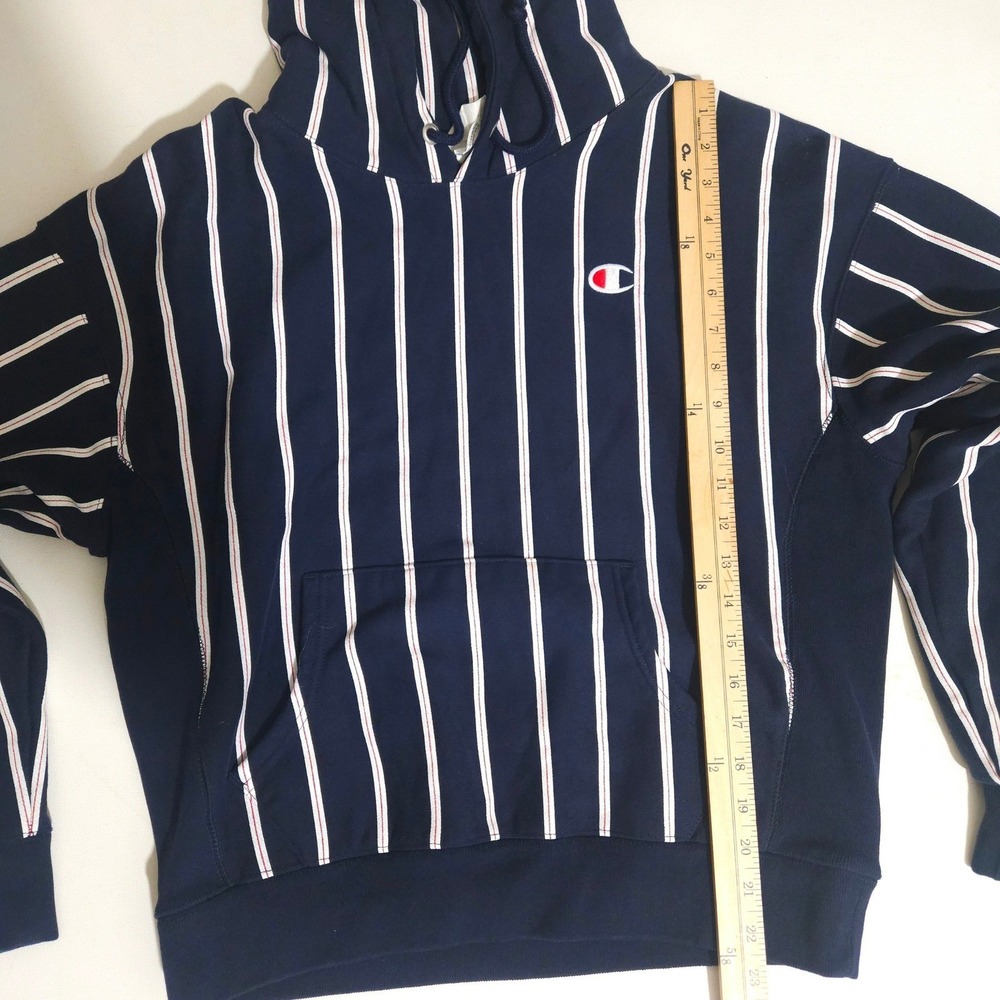 Womens Champion Reverse Weave Striped Hoodie Navy Blue White Large Sweatshirt - Picture 7 of 7
